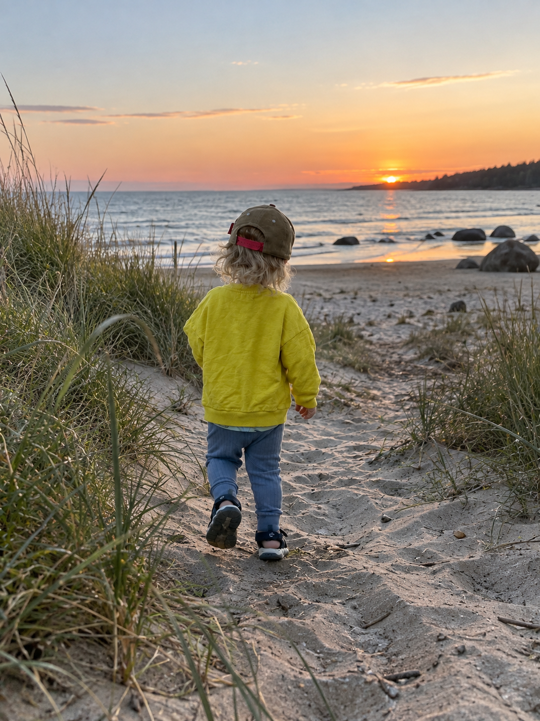 A child in a yellow sweater walking toward the sunset on a beach