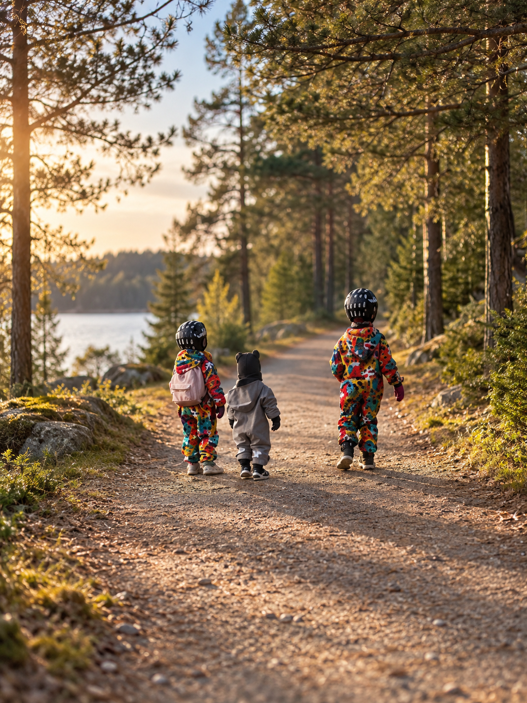 Three children walking a forest path near a lake at sunset