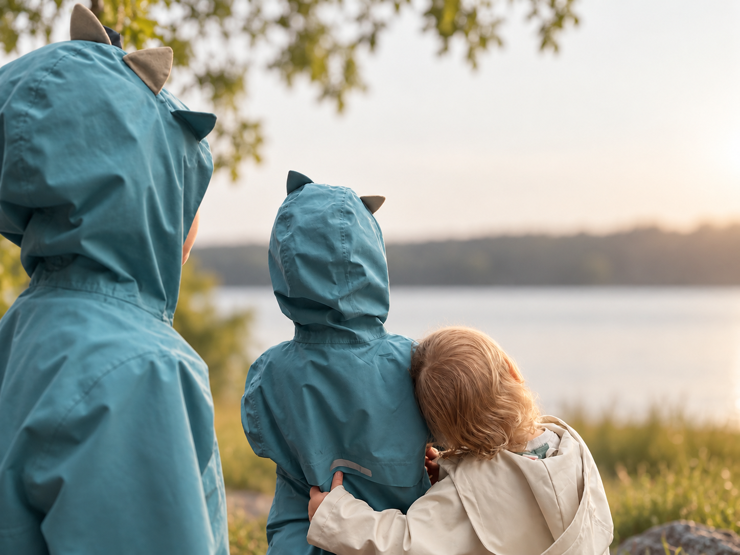 Two brothers in teal dinosaur raincoats looking at a lake at sunset